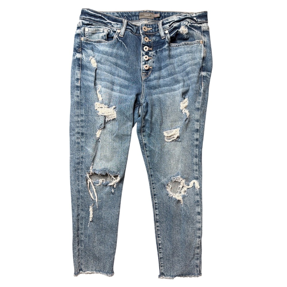 Torrid Jeans Womens 12R Feel The Fit Blue Distressed Button Fly Raw Hem Denim